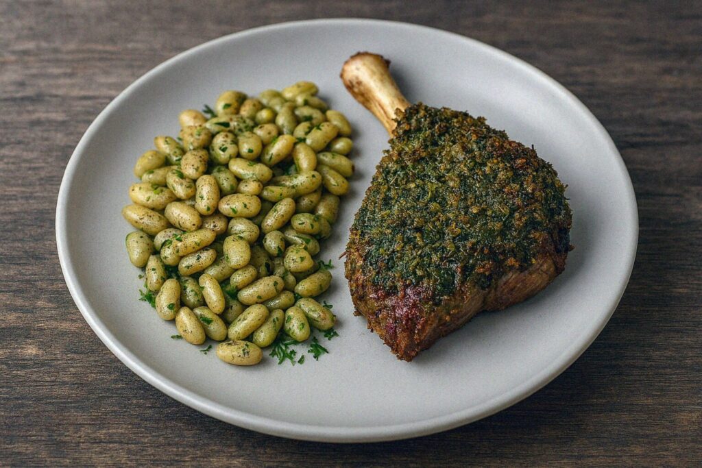 Jahňacie stehno v bylinkovej kruste a flageolety s čerstvými bylinkami v teplovzdušnej fritéze