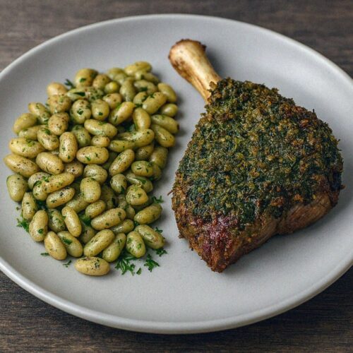 Jahňacie stehno v bylinkovej kruste a flageolety s čerstvými bylinkami v teplovzdušnej fritéze