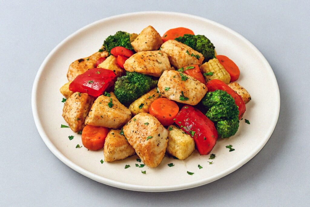 Kuracie kúsky so zeleninou „všetko spolu“ z teplopvzdušnej fritézy