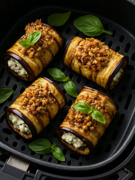 Plnené baklažánové rolky s feta syrom a orechovou krustou