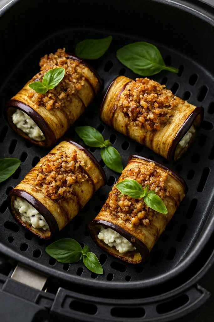 Plnené baklažánové rolky s feta syrom a orechovou krustou