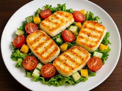 Halloumi šalát v teplovzdušnej fritéze / rúre – 380 kcal