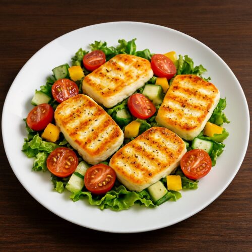 Halloumi šalát v teplovzdušnej fritéze / rúre – 380 kcal