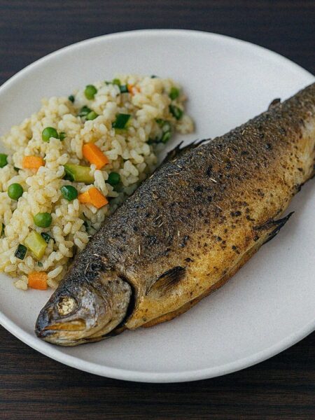 Pstruh v teplovzdušnej fritéze + zeleninové rizoto
