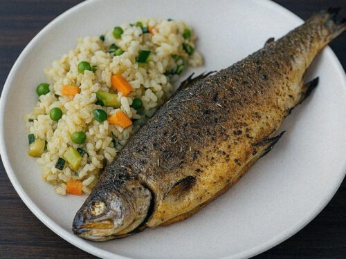 Pstruh v teplovzdušnej fritéze + zeleninové rizoto