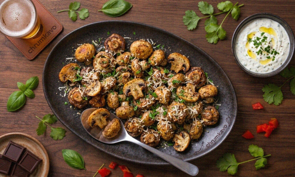 Chrumkavé cesnakovo‑parmezánové šampiňóny