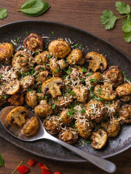 Chrumkavé cesnakovo‑parmezánové šampiňóny