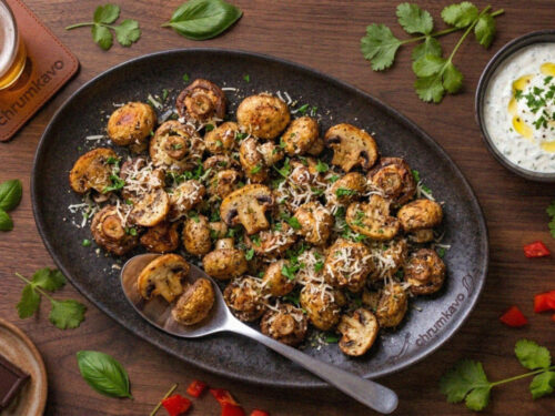 Chrumkavé cesnakovo‑parmezánové šampiňóny